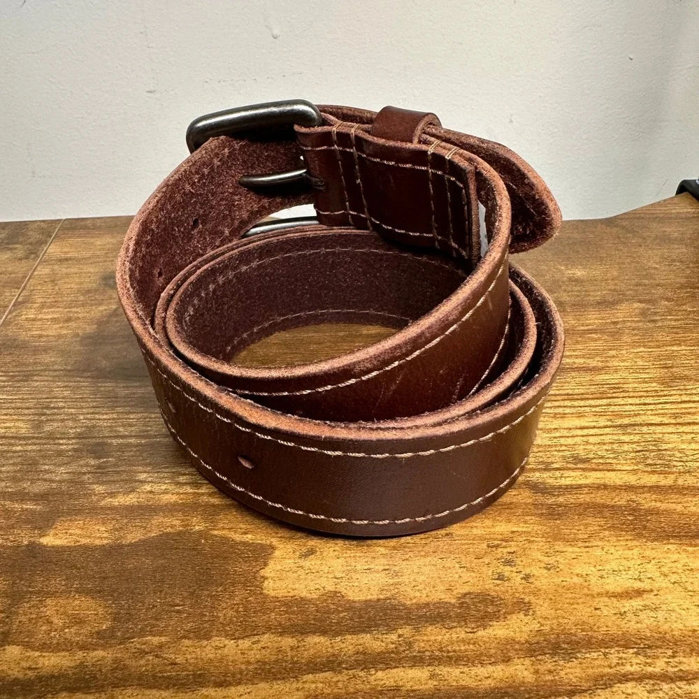 American Eagle Mens Brown Genuine Leather Belt Contrast Stitch Metal Buckle